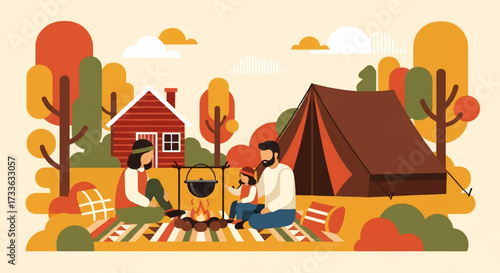 Flat style illustration of a family camping in autumn forest with tent, cabin, and campfire, symbolizing outdoor adventure, cozy lifestyle, and seasonal leisure