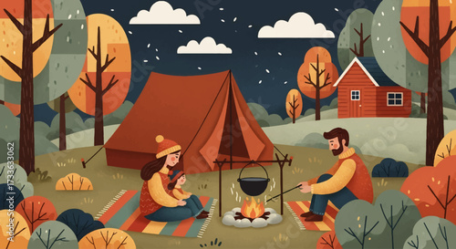 Flat style illustration of a family camping in autumn forest with tent, cabin, and campfire, symbolizing outdoor adventure, cozy lifestyle, and seasonal leisure