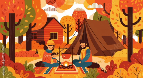 Flat style illustration of a family camping in autumn forest with tent, cabin, and campfire, symbolizing outdoor adventure, cozy lifestyle, and seasonal leisure
