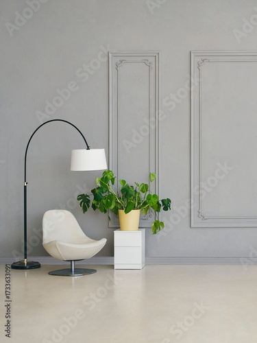 Minimalist bedroom with modern bed, white bedding, stylish chair, arc floor lamp, potted plant, and elegant wall design.