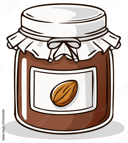Cartoon Illustration of Almond Butter Jar with Lid and Label Displaying an Almond