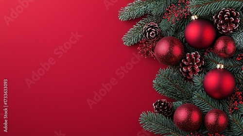 Wallpaper Mural Christmas Corner Decor with Red Baubles, Pine Branches & Pinecones on Red Background Torontodigital.ca