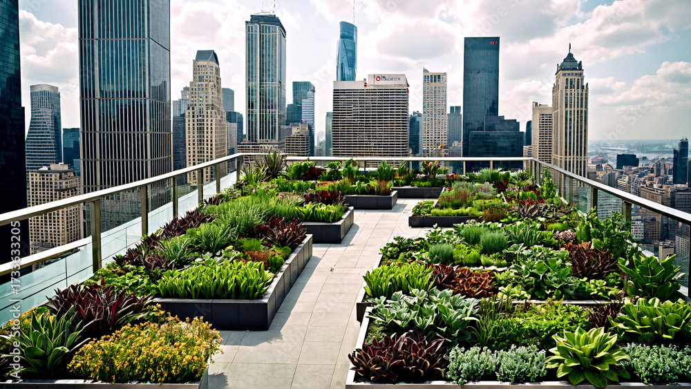 Fototapeta premium Lush rooftop garden oasis thrives amidst stunning modern cityscape, offering a vibrant urban escape filled with diverse greenery and architectural marvels.