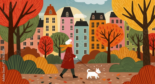 Flat style illustration of woman walking dog in autumn city park with colorful trees and buildings, symbolizing seasonal lifestyle, leisure, wellness, and urban living