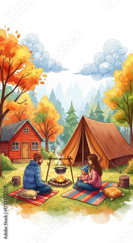 Flat style illustration of a family camping in autumn forest with tent, cabin, and campfire, symbolizing outdoor adventure, cozy lifestyle, and seasonal leisure