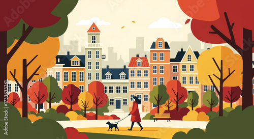 Flat style illustration of woman walking dog in autumn city park with colorful trees and buildings, symbolizing seasonal lifestyle, leisure, wellness, and urban living