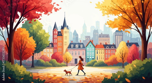 Flat style illustration of woman walking dog in autumn city park with colorful trees and buildings, symbolizing seasonal lifestyle, leisure, wellness, and urban living