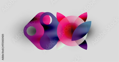 Abstract composition featuring overlapping translucent circles. Shades range from pinks, purples, blues, creating dynamic visual effect. Soft shadows present.