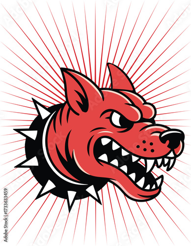 Illustration of an angry red dog with spiked collar with red rays