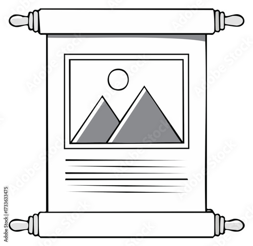 Antique rolled paper scroll with placeholder image of mountains and text lines