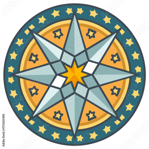 Stylized Compass Rose With Stars and Ornate Design