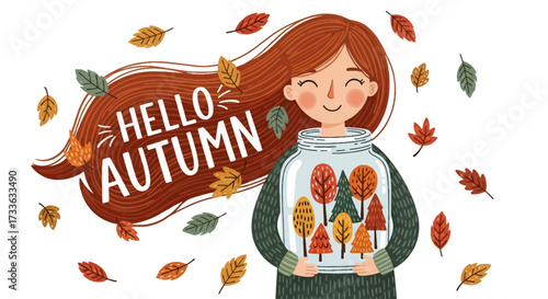 Whimsical illustration of smiling woman holding jar filled with autumn trees, surrounded by falling leaves and festive “Hello Autumn” text, perfect for seasonal greeting cards, marketing, and fall