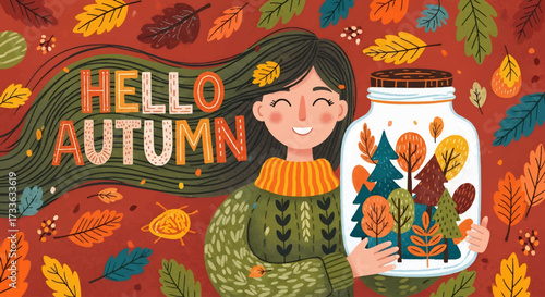 Whimsical illustration of smiling woman holding jar filled with autumn trees, surrounded by falling leaves and festive “Hello Autumn” text, perfect for seasonal greeting cards, marketing, and fall