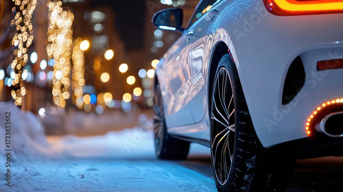 Wallpaper Mural White car parked on a snowy street, surrounded by twinkling Christmas lights, creating a magical and festive winter holiday atmosphere in the urban night scene Torontodigital.ca