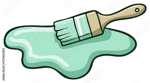 Illustration of a paintbrush with a puddle of light-green paint, isolated, vector