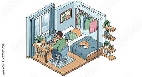 Isometric illustration of a young man working comfortably from his compact home office in a cozy bedroom with his cat, embodying a modern remote work lifestyle
