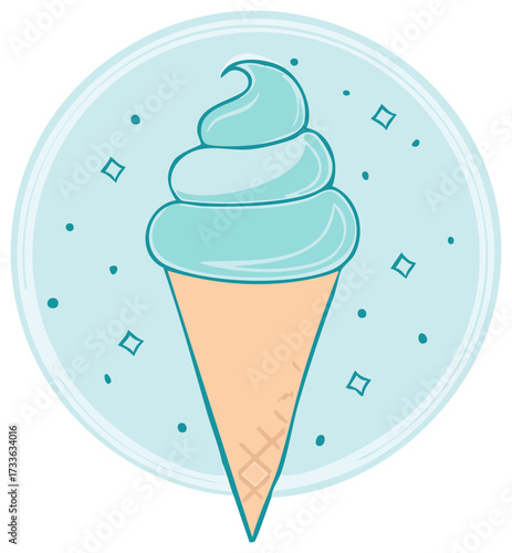 Illustrative ice cream cone with blue soft serve and decorative sprinkles, food illustration