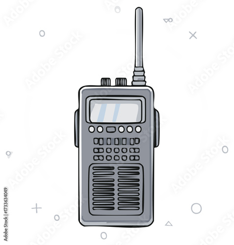 Handheld radio transmitter illustration, doodle style, grey and black.