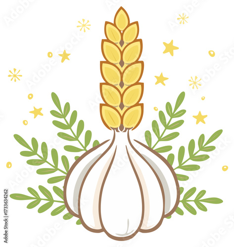 Cartoon garlic bulb topped with golden wheat stalk surrounded by green leaves and yellow stars
