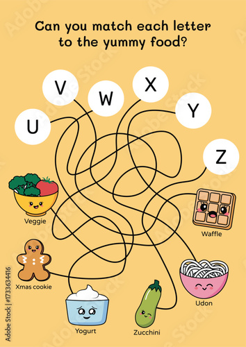 Match letters with food printable for young learners. A to Z food-themed maze with adorable cartoon style