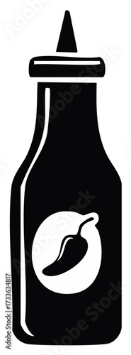 Black silhouette of a squeeze bottle with a red chili pepper icon symbolizing spicy sauce