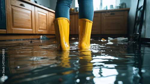 A person stands in yellow boots in a flooded kitchen, surrounded by water and debris, highlighting a potential water damage issue.