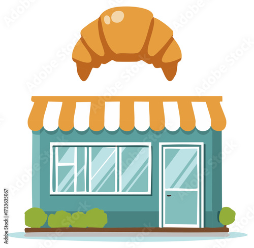 Cartoon drawing of a bakery with croissant above the roof, blue walls and yellow awning