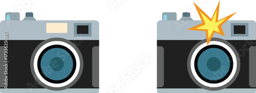 Digital technology illustration of a cameras icon and a vector camera lens for modern household and photographic equipment design