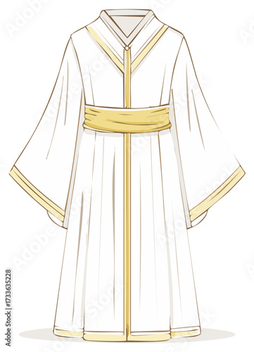White and Gold Fantasy Robe Illustration with Sash and Trim