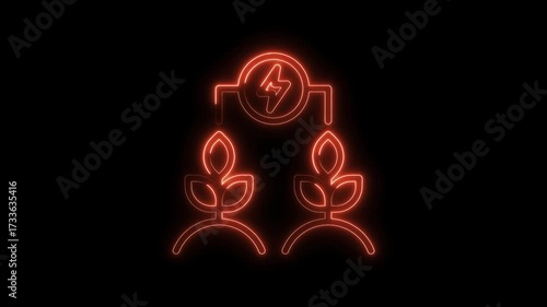Neon outline of plants and electric power source symbolizing sustainable energy solutions