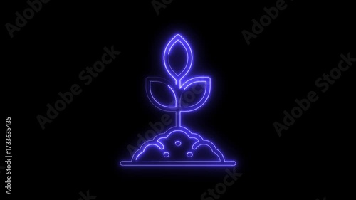 Neon plant sprout symbol against black background growth innovation and sustainability concept
