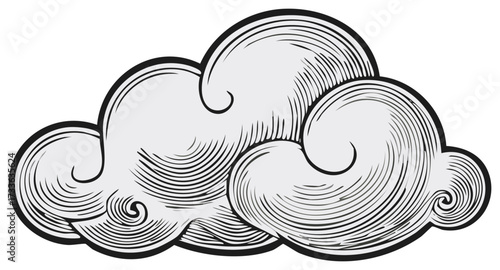 Engraving style weather cloud vector illustration with textured lines and whimsical shape