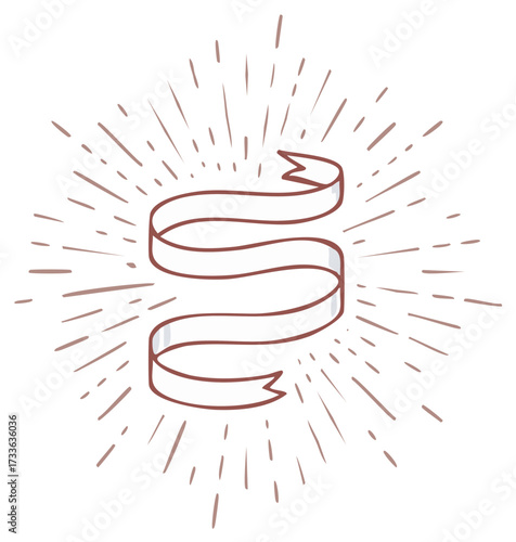 Whimsical hand-drawn ribbon banner with retro sunburst rays in a simple sketch style