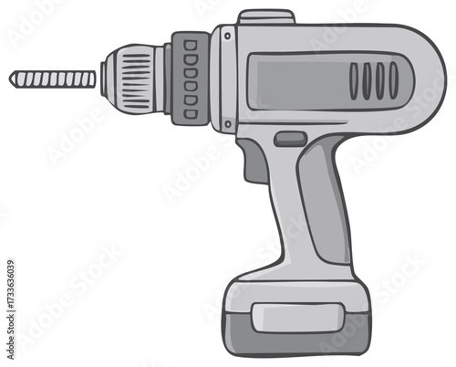Cartoon illustration of a cordless electric drill with a screw