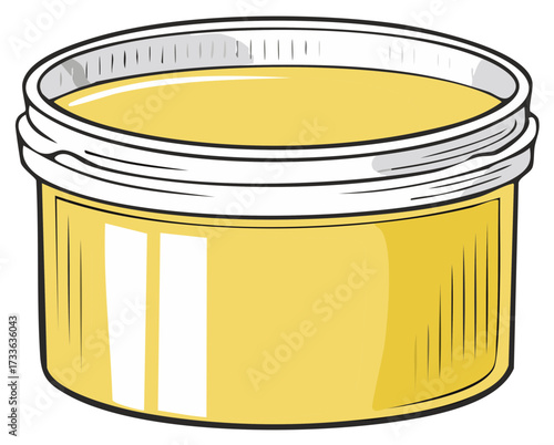 Open white plastic jar filled with yellow cream or ointment vector illustration