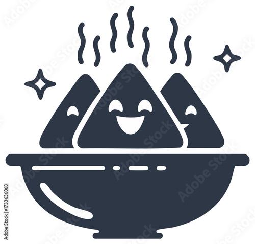 Three Happy Steaming Dumplings in Bowl with Stars