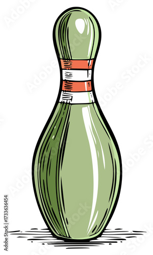 Bowling pin illustration with green color and orange bands in a simple cartoon style