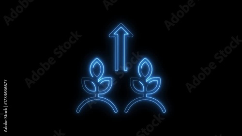 Growing plant neon style animation on black background for growth success concept