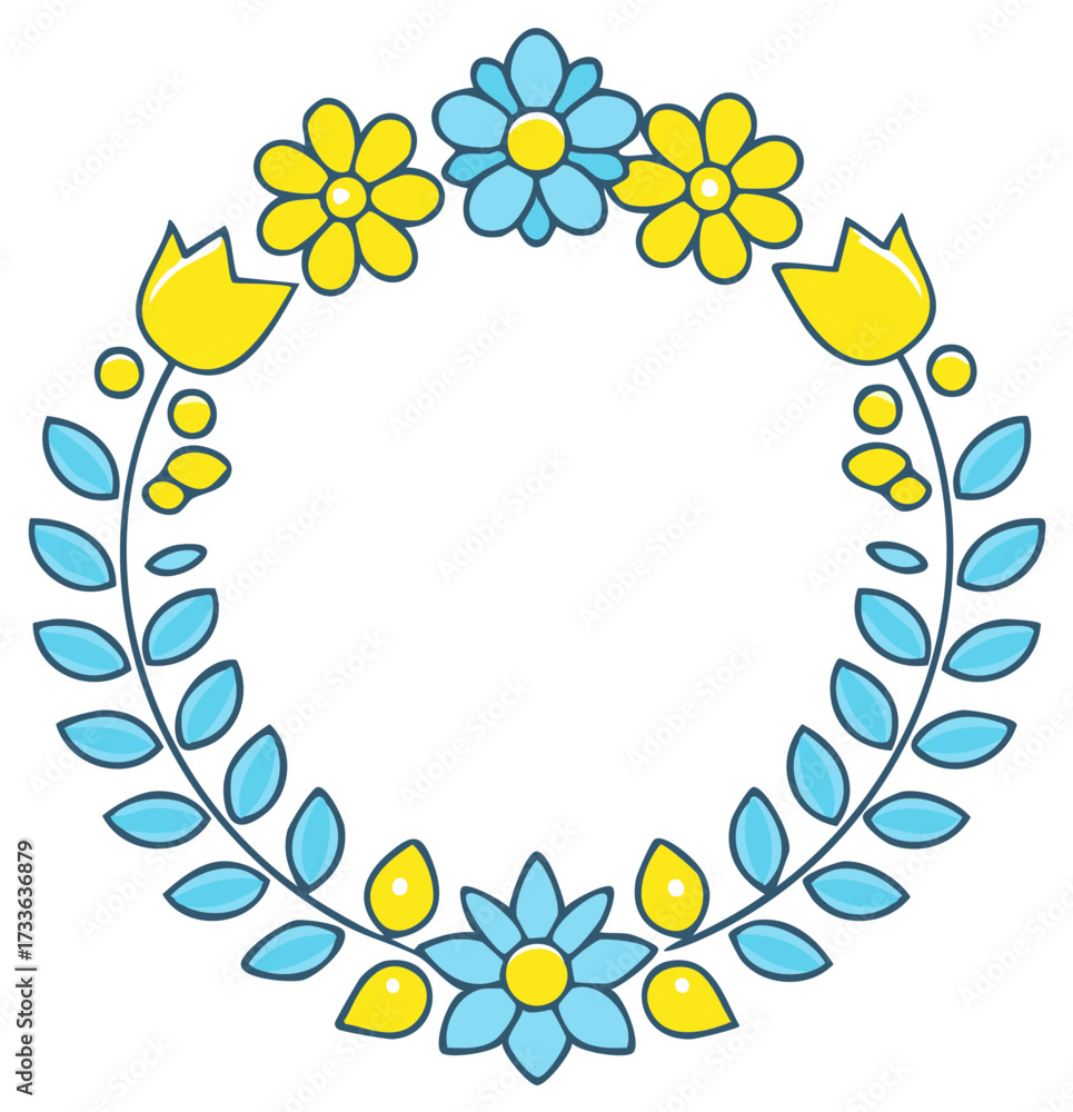 Obraz premium Stylized Floral Wreath with Blue and Yellow Flowers and Leaves