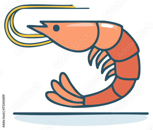 Stylized Illustration of Shrimp with Antennae on White Background: Food, Seafood
