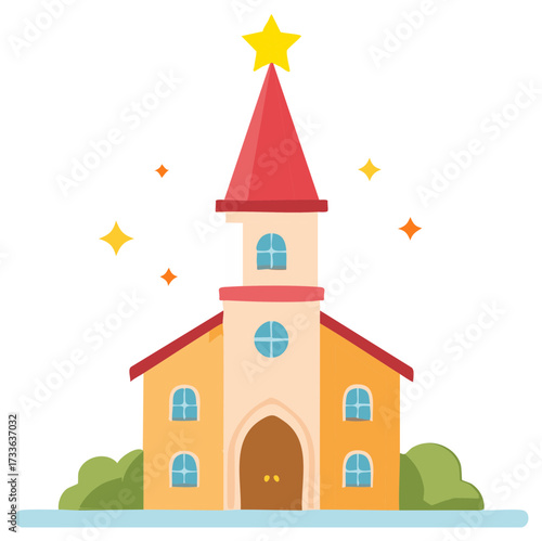 Charming Yellow Church with Red Steeple and Bright Star Decoration