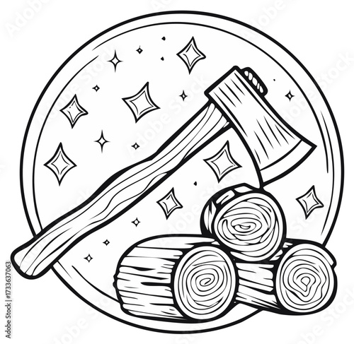 Axe and Wood Logs with Starry Circle Graphic Element Black and White Lumberjack Theme