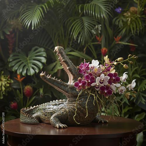 Crocodile sculpture with orchid bouquet on wooden table in jungle setting  