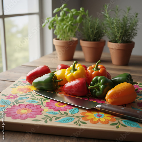 Colorful bell peppers on a decorative cutting board with herbs  