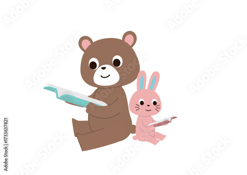 背中合わせに座って本を読んでいるくまとうさぎ