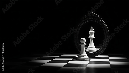Chess inspiration and self reflection in a dark setting motivational concept on a chessboard mirror view
