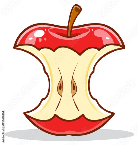 Cartoon Illustration of an Apple Core with Red Skin and Brown Stem