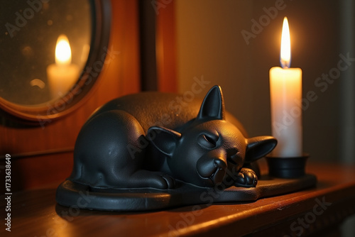 Sleeping black cat sculpture beside lit candle on wooden surface  
