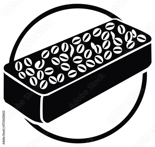 Black and white illustration of a rectangular container filled with coffee beans inside a circle