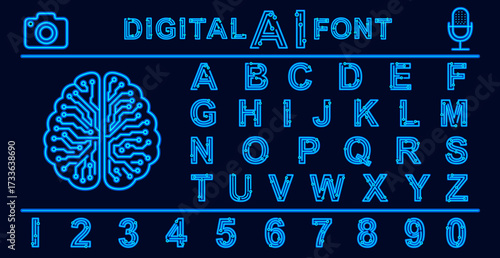 Futuristic Digital AI Font with Circuit-Inspired Design, Neon blue tech font with icons of brain, camera, and microphone